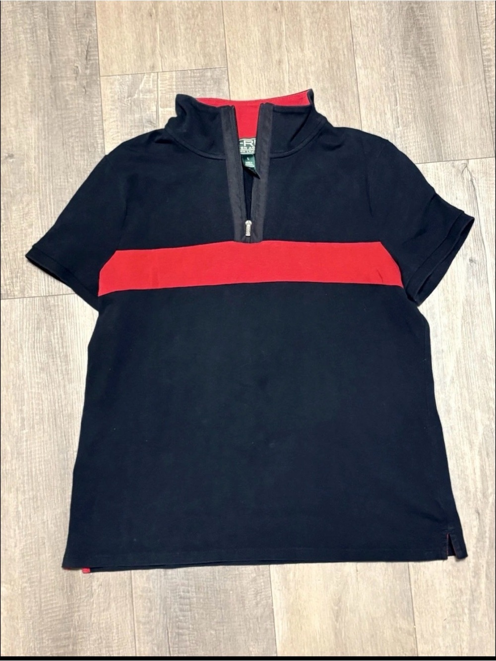 Lauren Active Ralph Lauren L-RL Polo Shirt Mens Large Black Red Stripe 1/4 zip